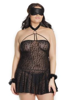 Coquette Kitty Leopard Babydoll With Cuffs & Eye Mask – Black – QS