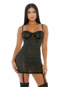 Draped In Diamonds Rhinestone Chemise Set – Black – L