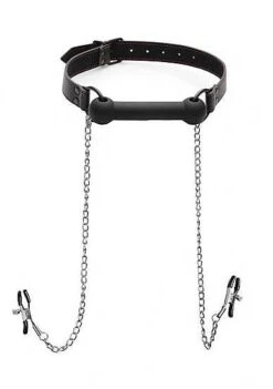 Strict – Silicone Bit Gag + Nipple Clamps – Black